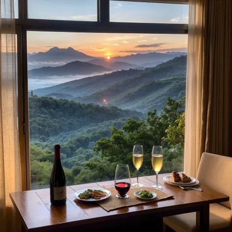 (including 64k, nffsw, highest quality, table top: 1.2), (realistic, realistic: 1.37), Spectacular view of the sunset sky and clouds、Amazing mountain views、White wine、red wine、wine glass、wine bottle、sparkling wine、