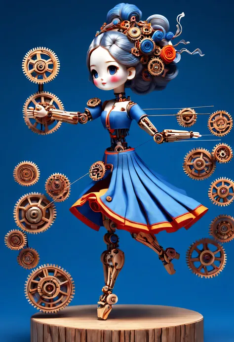 China's unique high-end carpenter sculpture style, character idea, (whole body), (a mechanically constructed doll is playing 电吉他), Beautiful and detailed, Mechanical wires connecting dolls's bow finger, Gears connect slender Legechanism on log base...