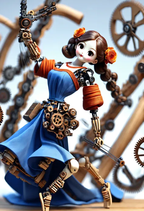 China's unique high-end carpenter sculpture style, character idea, (whole body), (a mechanically constructed doll is playing 电吉他), Beautiful and detailed, Mechanical wires connecting dolls's bow finger, Gears connect slender Legechanism on log base...