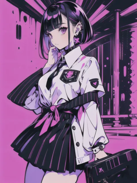 girl in school uniform with black and purple hair standing in front of 紫色の背景, 1 girl, alone, short hair,The pony is、 skirt, shirt, black hair, tie, simple background, white shirt, purple eyes, black tie, jewelry, pleated skirt, From the side, short sleeve,...