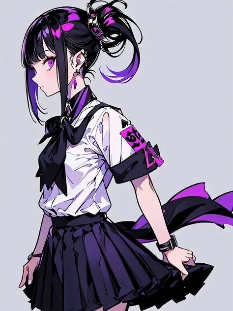 girl in school uniform with black and purple hair standing in front of 紫色の背景, 1 girl, alone, short hair,the pony is、 skirt, shir...