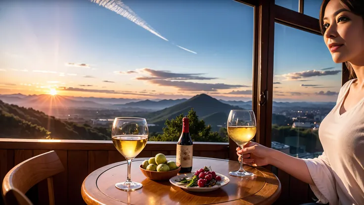 (including 64k, nffsw, highest quality, table top: 1.2), (realistic, realistic: 1.37), Spectacular view of the sunset sky and clouds、Amazing mountain views、White wine、red wine、wine glass、wine bottle、sparkling wine、