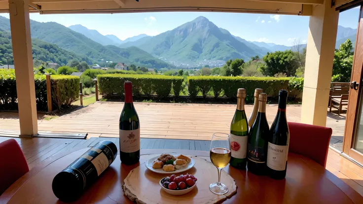 (including 64k, nffsw, highest quality, table top: 1.2), (realistic, realistic: 1.37), Spectacular view of the sunset sky and clouds、Amazing mountain views、White wine、red wine、wine glass、wine bottle、sparkling wine、