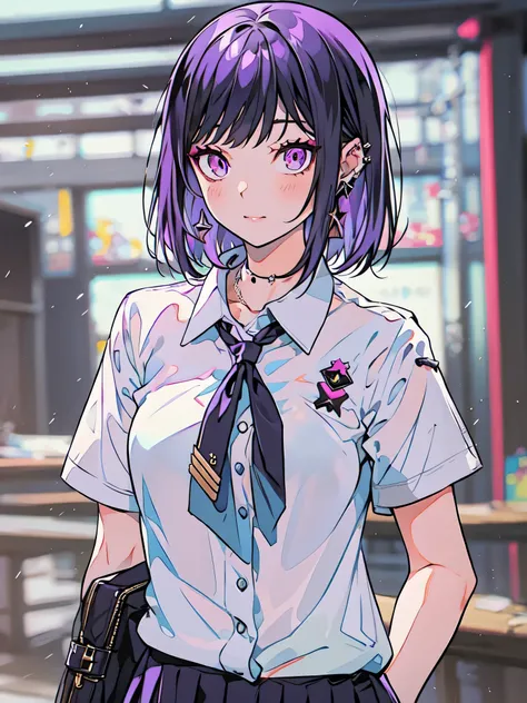 girl in school uniform with black and purple hair standing in front of 紫色の背景, 1 girl, alone, short hair,The pony is、 skirt, shirt, black hair, tie, simple background, white shirt, purple eyes, black tie, jewelry, pleated skirt, From the side, short sleeve,...