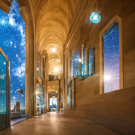 no human, sf, (in the glass walled hallway:1.3), galaxy in distance