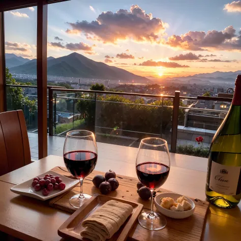 (including 64k, nffsw, highest quality, table top: 1.2), (realistic, realistic: 1.37), Spectacular view of the sunset sky and clouds、Amazing mountain views、White wine、red wine、wine glass、wine bottle、sparkling wine、