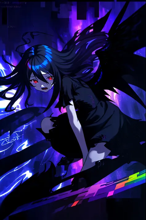 1 girl, Wavy long hair, rainbow hair, red eyes, fallen angel, black dress, crying, tear from eyes, knee-length boots, 1 dragon, black dragon, glitch, glitching, 