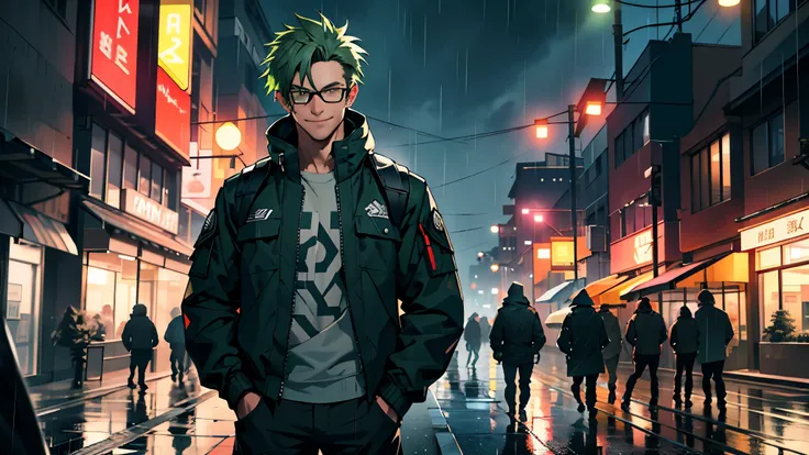 1 person, Tactical Jacket, City of night, rain, put your hands in your pockets, tactical clothing, green hair, black glasses, smile, UHD, ccurate, best quality, 8k