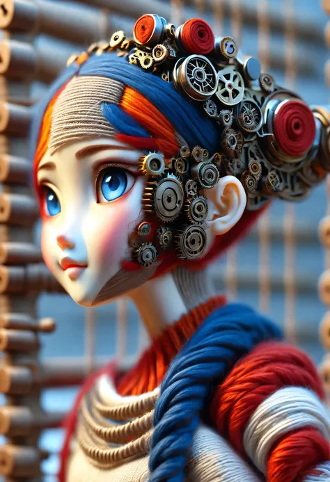 China&#39;s unique high-end carpenter sculpture style, character idea, (whole body), (a mechanically constructed doll is 织布）, sewing machine，木梭织带机由sewing machine架、Brora、sewing machine头、Shuttle and yarn composition。sewing machine架用于支撑sewing machine头和Brora，B...