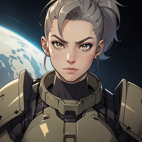 Lanky_muscular_female strong_jawline gray_hair short_ponytail shaved_sides yellow_eyes scars heavy_power_armor tactical_vest space_marine solo Masterpiece best_quality highly_detailed well_drawn_eyes