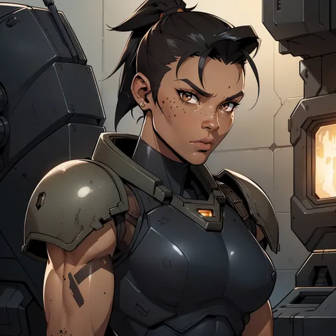 Lanky_muscular_female strong_jawline dark_skin black_hair short_ponytail shaved_sides brown_eyes scars freckles heavy_power_armor tactical_vest space_marine solo Masterpiece best_quality highly_detailed well_drawn_eyes