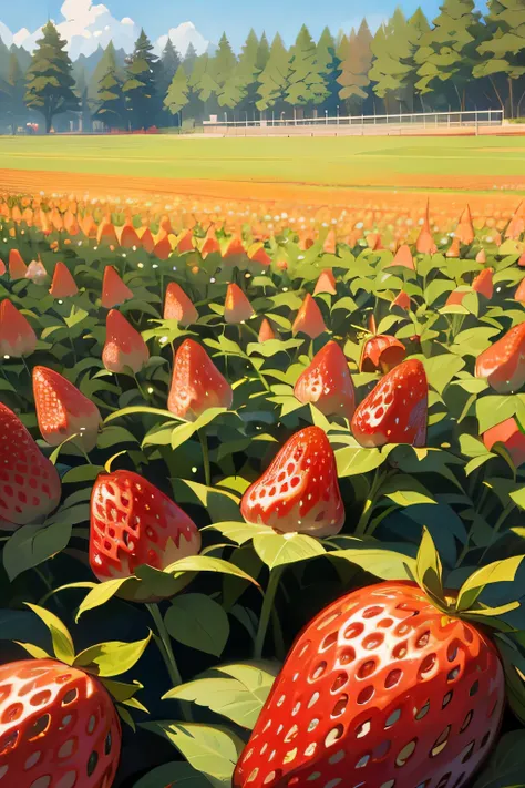 open field of strawberries on a sunny day