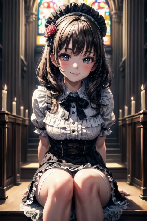 very cute and beautiful girl,(very detailed美しい顔),
(smile),blush,black hair,looking at the viewer,(Floral brown lolita dress with detailed ruffles),Fine lace,
sitting,spread your legs,turn your arms behind your back,(white panties),altar,church,indoor,
(hig...