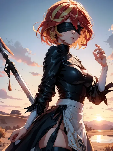 sunset shimmer dressed as 2B, bob haircut, blindfold, in the desert