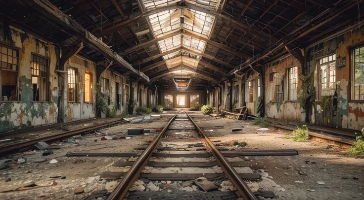 desolate,abandoned train station,creepy atmosphere,dilapidated,weathered textures,flickering lights,dust particles,empty platforms,overgrown vegetation,vintage train cars,rusted railway tracks,sun rays piercing through the broken roof,decaying architecture...