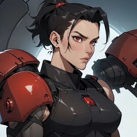 Lanky_muscular_female strong_jawline black_hair short_ponytail shaved_sides red_eyes scars heavy_power_armor tactical_vest space_marine solo Masterpiece best_quality highly_detailed well_drawn_eyes