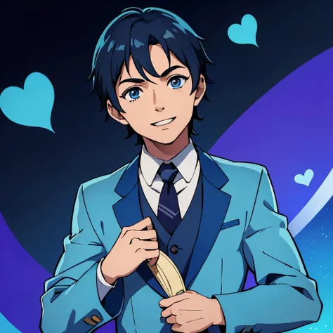 Avatar animado de un chico vestido de azul, con traje azul que tenga tematica de erudito con anteojos, joven sonriendo enamorado, corazones en los ojos, pero en solitario