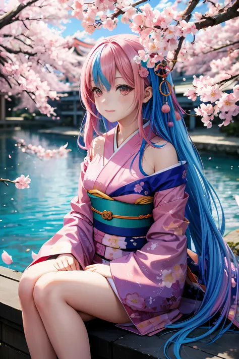 anime, one girl, colorful hair,pink hair and blue hair、 Hair is tangled, pink eyes, Kyoto, cherry blossoms、petal、moon, pink patterned kimono, off shoulder, sitting, alone,