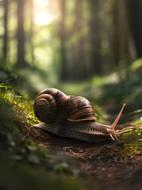 there is a snails that is sitting on the ground in the woods, snails, Surreal graphics, Natural and realistic rendering, snailss, Highly realistic photos, Paul Basson, author：Anna Forsley, Macro photography 8K, Alexei Yegorov, Highly realistic photosgraph,...