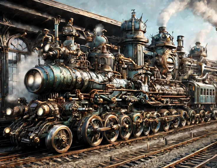 steampunk art, railroad station, building, railroad station steampunk, a lot of details, railroad station, the texture of the bu...