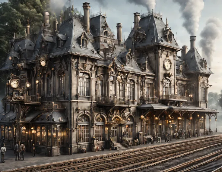 steampunk art, railroad station, building, railroad station steampunk, natural, realistic, high quality