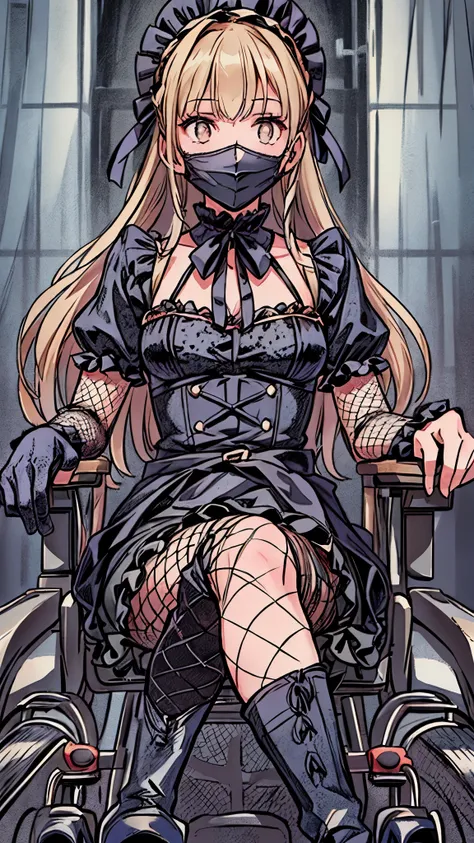 (realistic:1.2),Inside the room,one girl,heavily male-up face,((face-mask)),white gothic Lolita dress,fishnet pantyhose,race-up long boots,((she is riding a wheelchair)),Victorian-style furniture fills the room, with dark wooden bookcases lining the walls,...