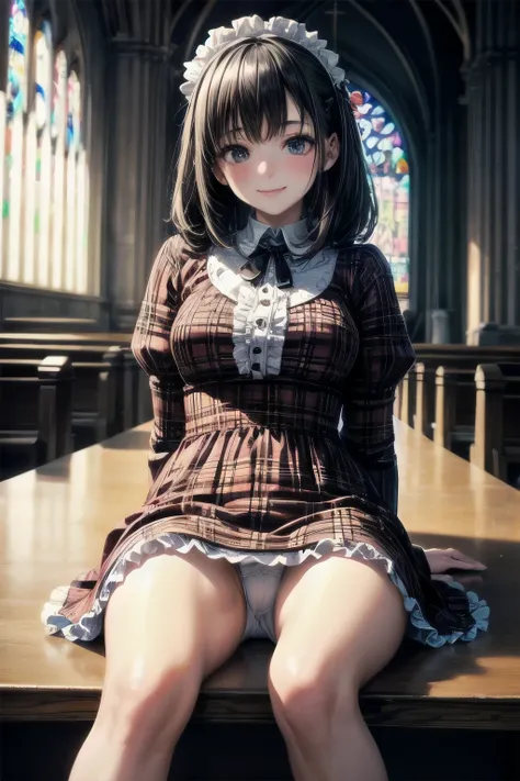 very cute and beautiful girl,(highly detailed beautiful face), (smile),blush,black hair,looking at viewer,(classic brown plaid lolita dress with detailed frills),detailed lace, sitting,(spread legs),arms behind back,(white panties),altar,church,indoors, (b...