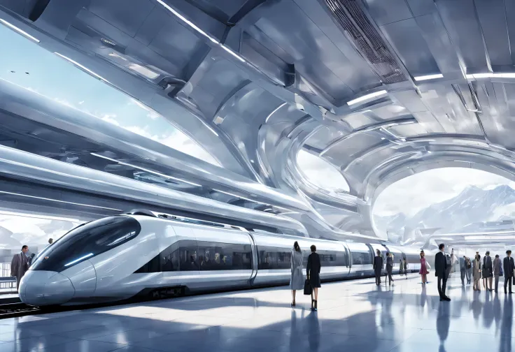 Aesthetics of the utopian world of the future, Train station of the future with an arriving energy-powered flying train, People, standing on the platform in beautiful clothes of the future, Photorealistic, A high resolution, fantasy