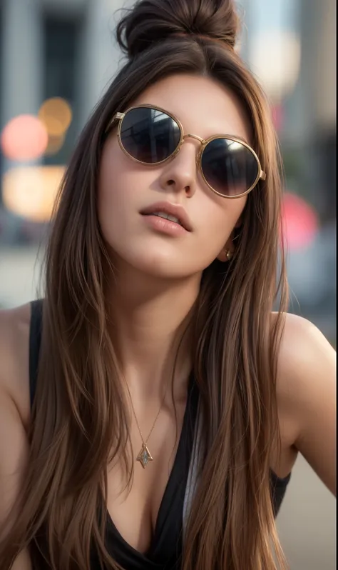 21-year-old, Russian race, (Masterpiece, best quality, photorealistic, high res, photography: 1.3), close-up shot, sharp focus, black hair, hair bun, bun hair, European girl, hot model, slim, Height 160cm, wearing sunglasses, sunglasses, realistic skin, (p...