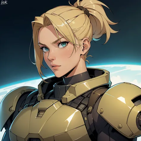 Lanky_muscular_female strong_jawline blonde_hair short_ponytail shaved_sides green_eyes scars heavy_power_armor tactical_vest space_marine solo Masterpiece best_quality highly_detailed well_drawn_eyes