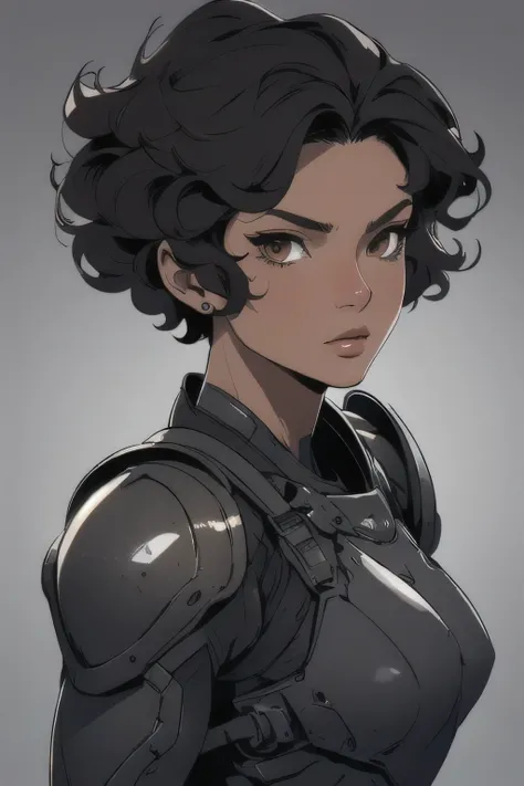 female, ebony skinned, brown eyes, black hair, curly hair, Lanky muscular, strong jawline, heavy plate armor, solo, masterpiece, best quality, highly detailed, well drawn eyes, detailed face