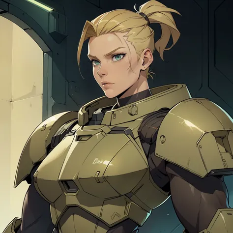 Lanky_muscular_female strong_jawline blonde_hair short_ponytail shaved_sides green_eyes scars heavy_power_armor tactical_vest space_marine solo Masterpiece best_quality highly_detailed well_drawn_eyes