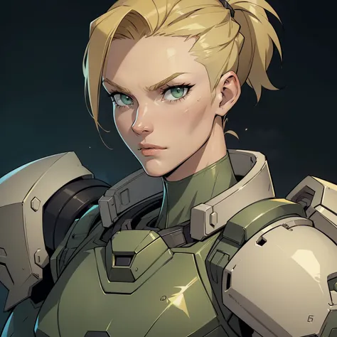 Lanky_muscular_female strong_jawline blonde_hair short_ponytail shaved_sides green_eyes scars heavy_power_armor tactical_vest space_marine solo Masterpiece best_quality highly_detailed well_drawn_eyes