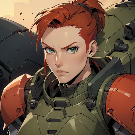 Lanky_muscular_female strong_jawline red_hair short_ponytail shaved_sides green_eyes scars heavy_power_armor tactical_vest space_marine solo Masterpiece best_quality highly_detailed well_drawn_eyes