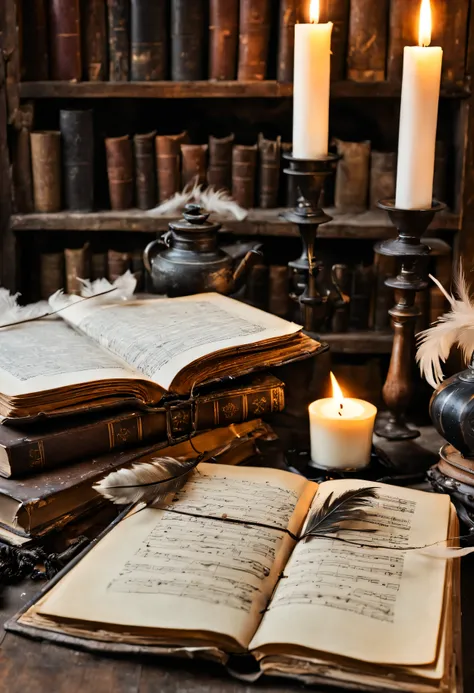 holiday, World Writer&#39;day, old open book on the table, inkwell, goose feathers, sheet of paper with notes, melted candle, Shelves with books in the background