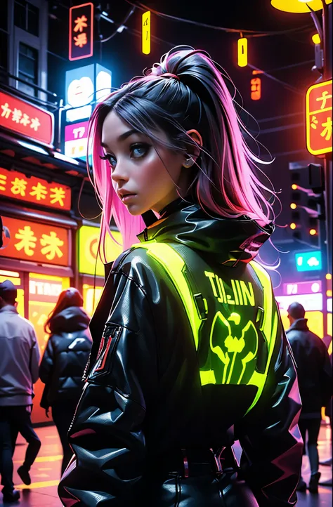 garota de costas, sem camisa, vibrant colors hair, looking behind, dragon tattoo on the back, imagem estilo cyberpunk, luzes neon, alta qualidade, ultra 8k