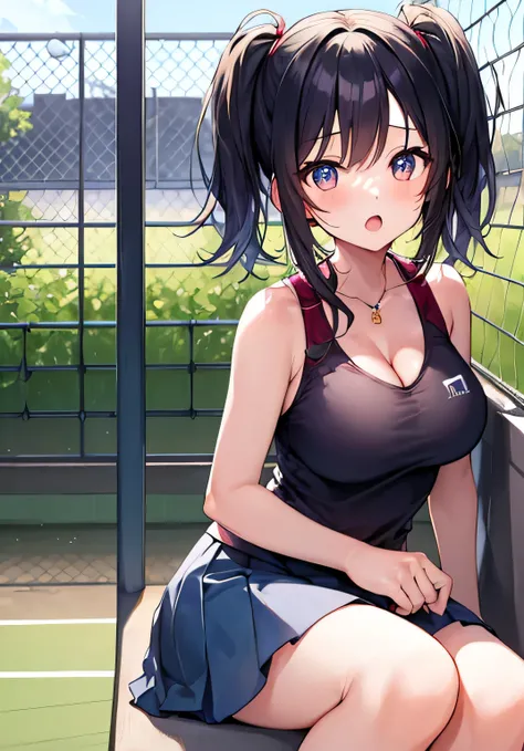 masterpiece、best image quality、ultra high resolution、teenage girl with big breasts、twin tail hairstyle、black hair、red face、shyly、Open your mouth just a little、Tennis wear for teenage girls that shows cleavage、tennis  for teenage girls、sitting on the bench、...