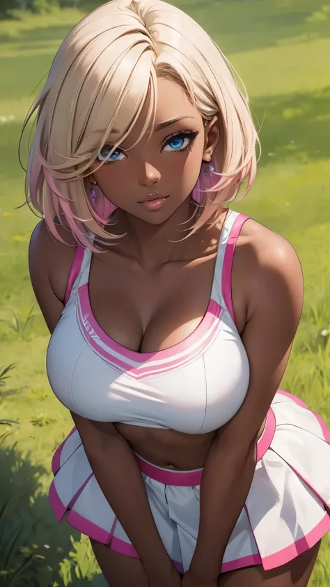 Highest Quality, ​masterpiece, beautifully detailed eyes, (dark skin), short Blonde Hair, Gradient Hair, pink highlights in hair, large breasts, standing, makeup, glossy lips, full lips, (natural lighting), grass, cheerleader, light smile, midriff, collarb...