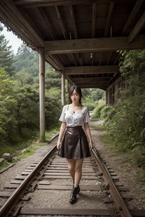 (最high quality,8k,high resolution:1.2、high quality),(cute japanese girl),(huge breasted leather、beautiful limbs),skirt、Abandoned railway、trolley、line、Deserted and eerie mountainous area、suspenseful、surprise、aesthetic sense、Artistic、