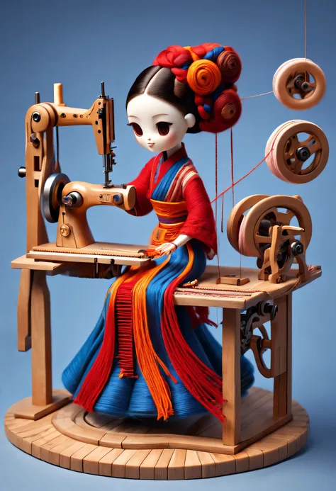 China's unique high-end carpenter sculpture style, character idea, (whole body), (a mechanically constructed doll is 织布), (sewing machine),木梭织带机由sewing machine架、Brora、sewing machine头、Shuttle and yarn composition。sewing machine架用于支撑sewing machine头和Brora...