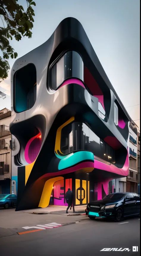 plowed building with a colorful design on the side, psychedelic architecture, complexo de apartamentos feito de tubos, no estilo do arquiteto zaha hadid, Colorful biomorphic temple, design esculpido maximalista, Karim Rashid, beeple-style hybrid mix, detal...