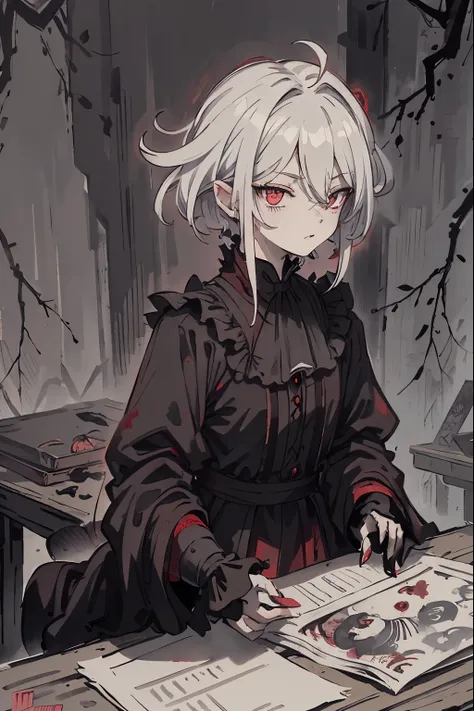 Dark silhouette, upper body, dark shadows, only silhouette, 1boy, shadow, dark aura, looking at viewer, deadpan face, shadow, (white messy hair:1.5), (dark red shining eyes:1.5), white hair, close-up, vampire, vampire fang, cute fang, fang, white backgroun...