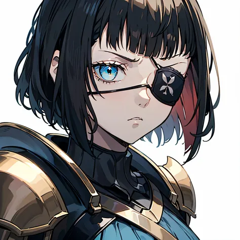 1girl, short black hair, bob cut, blue eyes, black eyepatch, medium breast, black armor, portrait, simple background, furious ex...