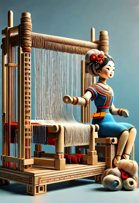 China&#39;s unique high-end carpenter sculpture style，The character is full body，（Mechanical doll sitting in front of ancient Chinese loom），Inspired by the looms of Jiangning Weaving Museum，wooden shuttle loom，loom frame、Brora、loom head、Shuttle and yarn co...