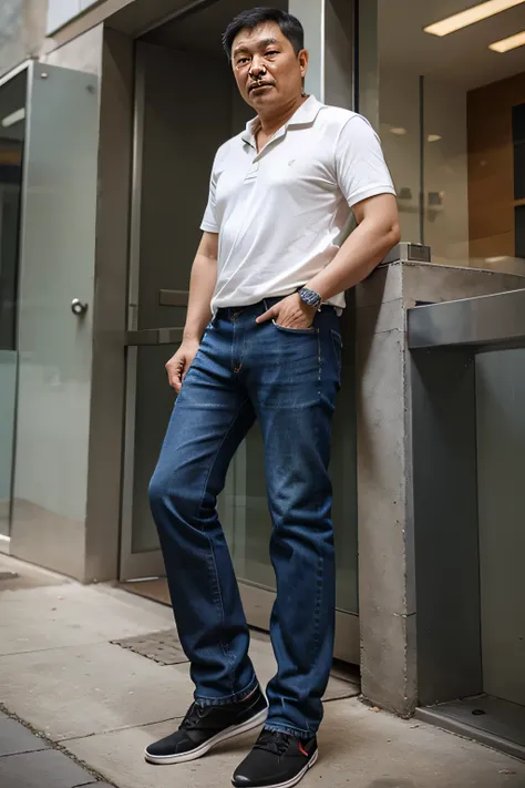 middle-aged chinese man wearing jeans