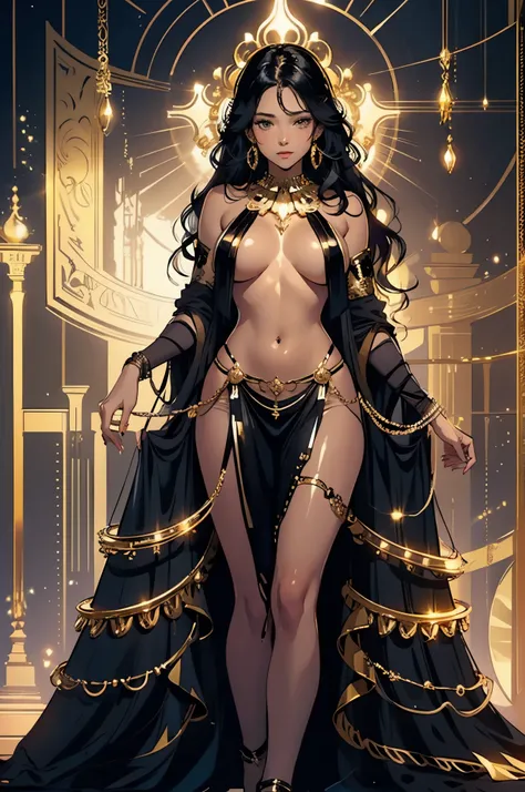 best quality, nsfw, extremely beautiful, beautiful face, long wavy dark hair, Woman Dark, Brown skin, (Shiny skin : 1.5), big breasts, long sexy black and gold dress neckline navel, black and gold breast curtains, long black and gold open_front_skirt, arou...