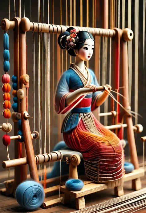 China&#39;s unique high-end carpenter sculpture style，The character is full body，side，（Mechanical doll sitting in front of ancient Chinese loom），Inspired by the looms of Jiangning Weaving Museum，wooden shuttle loom，loom frame、Brora、loom head、Shuttle and ya...