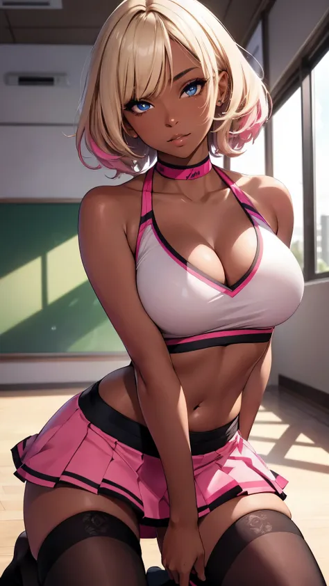 Highest Quality, ​masterpiece, beautifully detailed eyes, (dark skin), short Blonde Hair, Gradient Hair, pink highlights in hair, large breasts, kneeling, wariza, makeup, glossy lips, full lips, classroom, cheerleader, light smile, midriff, collarbone, thi...