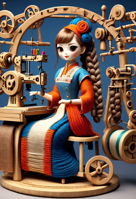 character idea表，China&#39;s unique high-end carpenter sculpture style, character idea, (whole body), (a mechanically constructed doll is 织布）, （sewing machine），木梭织带机由sewing machine架、Brora、sewing machine头、Shuttle and yarn composition。sewing machine架用于支撑sewin...