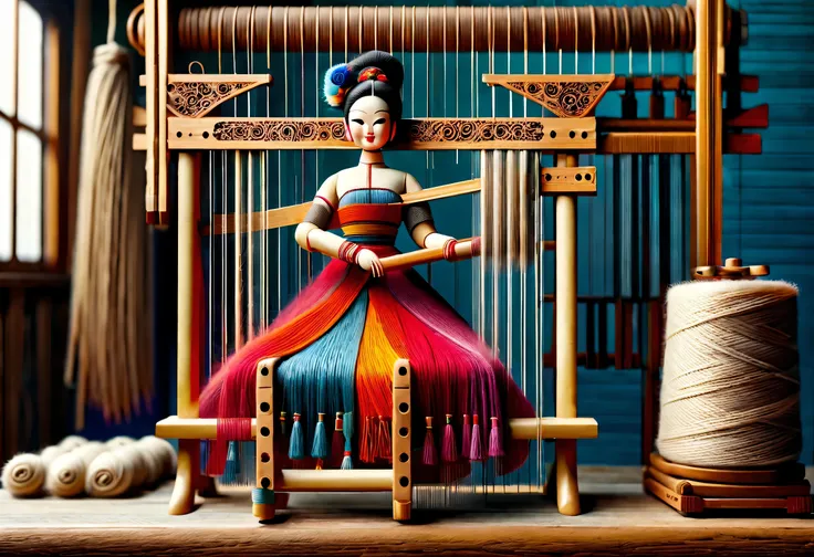 China&#39;s unique high-end carpenter sculpture style，The character is full body，side，（Mechanical doll sitting in front of ancient Chinese loom），Inspired by the looms of Jiangning Weaving Museum，wooden shuttle loom，loom frame、Brora、loom head、Shuttle and ya...